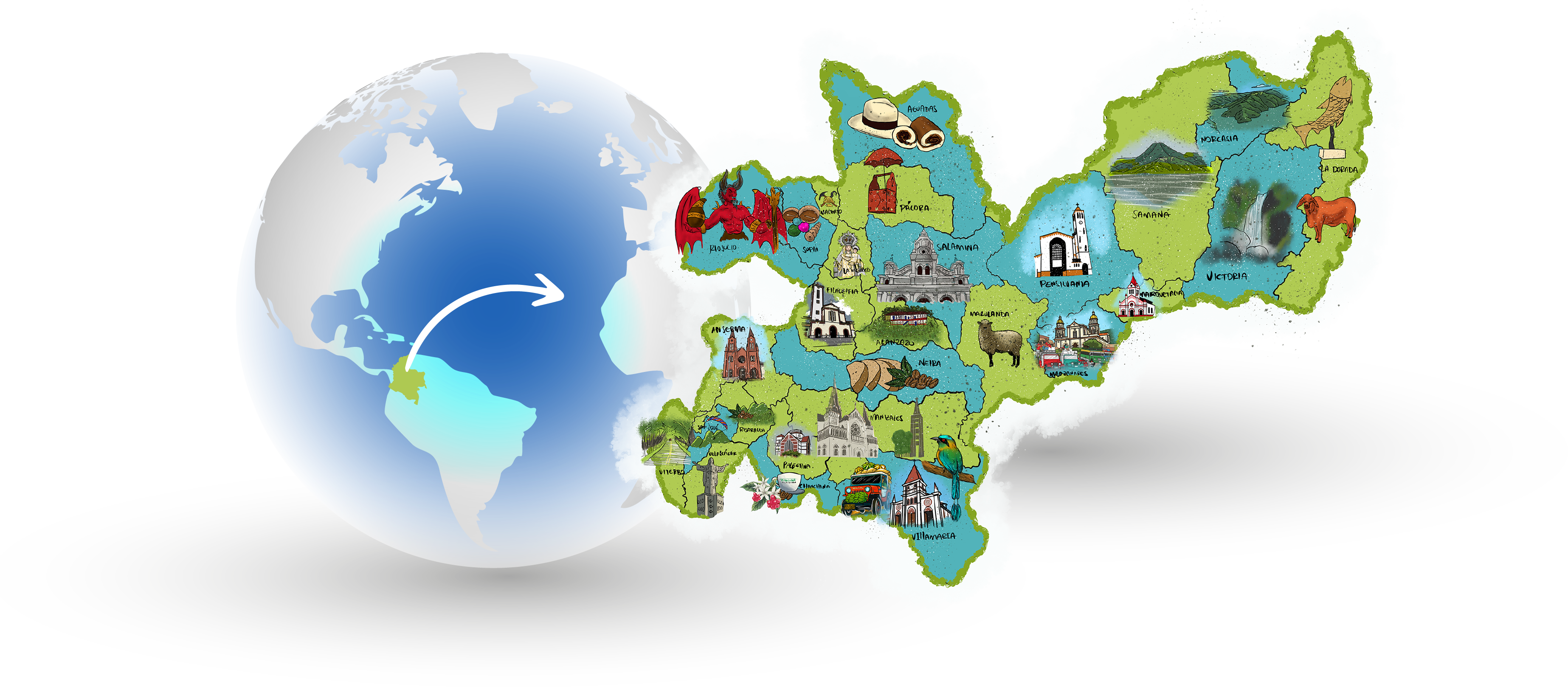 Mapa de la región del Eje Cafetero donde se realiza la investigación